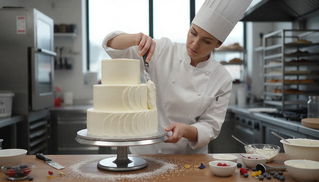 Focused woman baker creating a perfect gourmet wedding cake in the commercial kitchen. Beautiful woman baker standing in professional kitchen and adding final touches to dessert