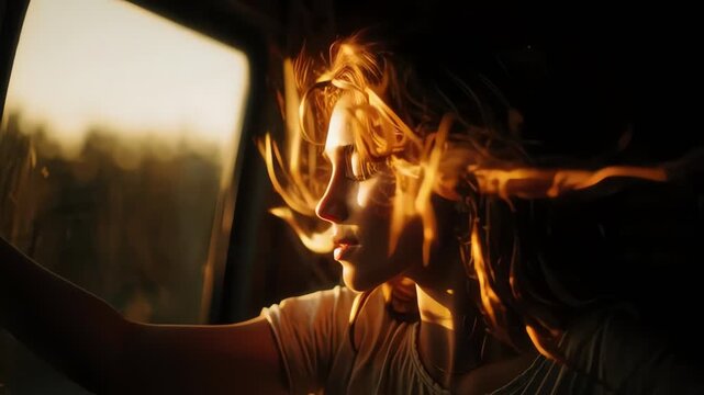 Young Woman Enjoying Golden Hour Sunlight Through Car Window.