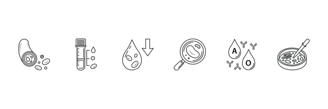 Blood medical analysis icon set featuring vessel structure test tube drops under microscope blood types and petri dish vector illustration.
