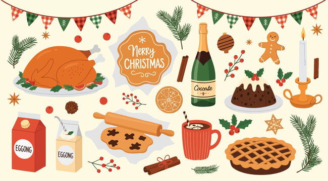Christmas dinner elements set with roasted turkey, eggnog, gingerbread man, champagne, and holiday decorations