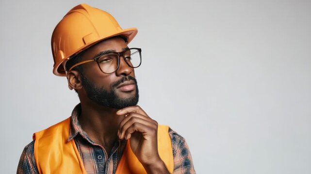 Construction worker wears helmet and glasses while thinking about project plans in an indoor setting