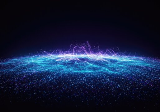A vast, abstract plane covered in dynamic, swirling blue and purple light particles representing an intense energy field or powerful cosmic force, virtual, wave, dynamic