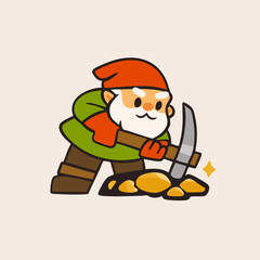Naklejka premium Gnome Miner with pickaxe, hat, gold nuggets. Cute little character. Hand drawn Vector illustration. Isolated design element. Treasure mine, mobile game, casino concept