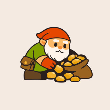 Gnome Miner with sack full of gold nuggets. Cute little character. Hand drawn Vector illustration. Isolated design element. Treasure mine, mobile game concept