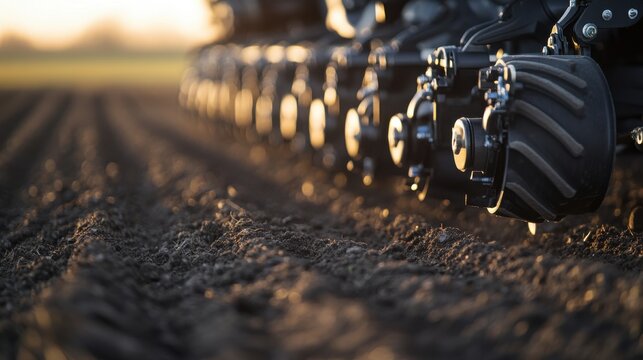 Close up of a black seed planting machine sowing in a field