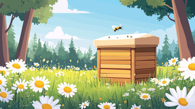 A vibrant digital illustration of a bee flying towards a wooden beehive amid a meadow of daisies
