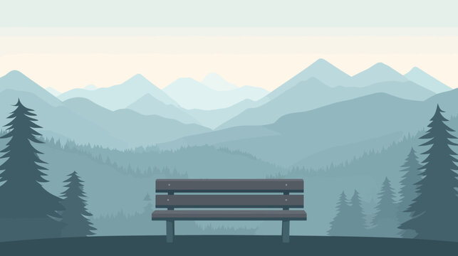 A serene landscape illustration of a wooden bench overlooking layers of mountain ranges with pine trees