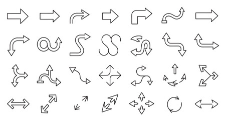 Fototapeta premium Assortment of various arrow symbols and pointers in a simple, versatile outline style.