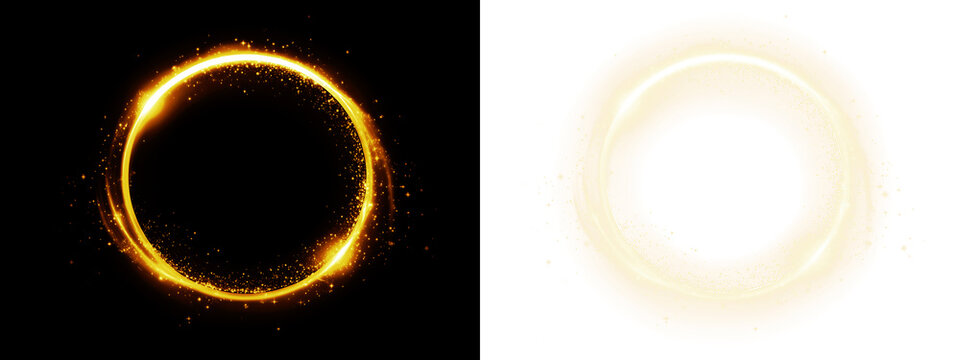 A vibrant glowing golden ring featuring sparkling light particles and dynamic circular motion waves captured on transparent background