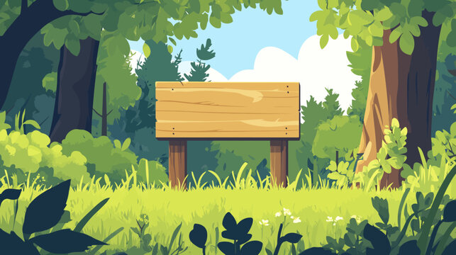 Animated scene of a wooden sign on posts in the foreground of a cartoon forest setting