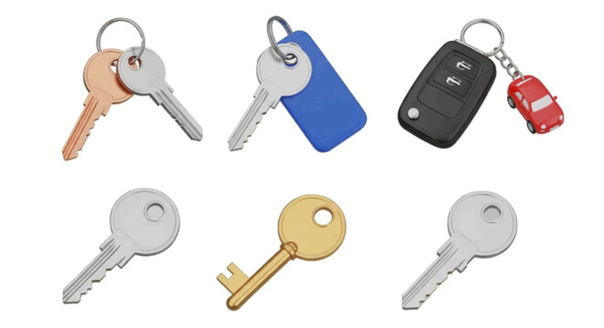 Vector illustration&nbsp;of set of various metal keys and car key fob on a transparent background