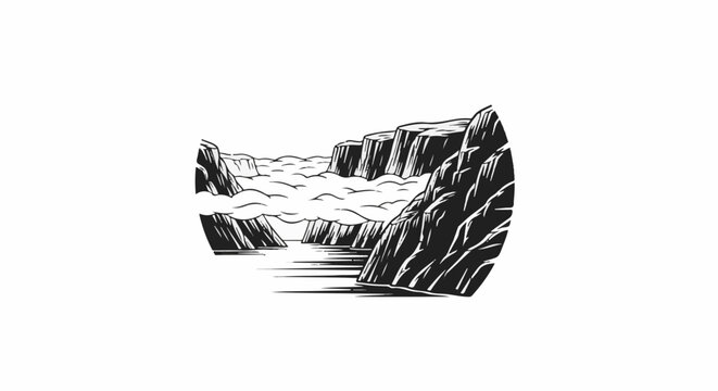 Stylized black and white illustration of a river canyon with layered cliffs and a calm water surface