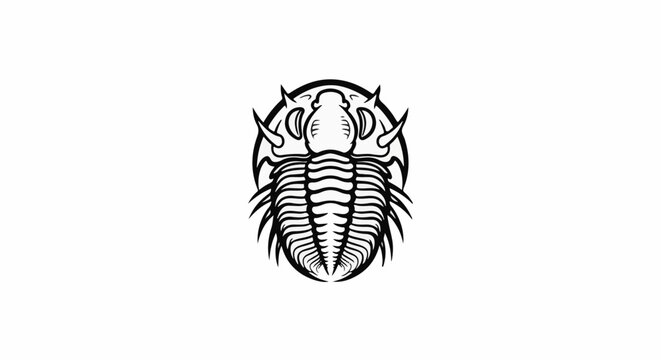 Stylized black and white illustration of a trilobite fossil