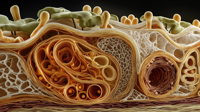 3D Macro Plant Cell Wall Cross-Section Showing Cellulose Microfibrils Primary Secondary Wall and Plasmodesmata in Amber Tones on Dark Background, Botany Materials Science Stock Image