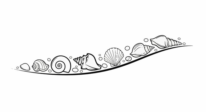 Stylized black and white illustration of various seashells and bubbles on a wavy line
