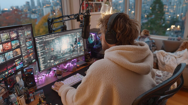 Young person gaming at a cozy multi-monitor setup beside a city window, creating a modern digital lifestyle scene with immersive entertainment, comfort, and urban ambiance.