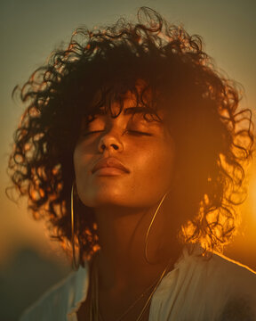 Close-up portrait of a woman with curly hair bathed in warm golden sunlight, creating an emotional beauty scene with natural glow, serenity, and soulful expression.