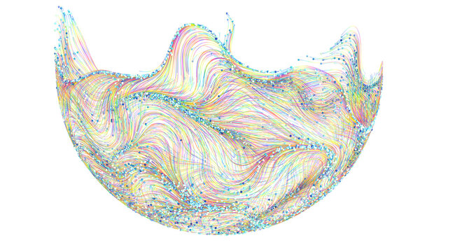 Unique artistic digital illustration featuring vibrant particle stream. Ideal for graphic
