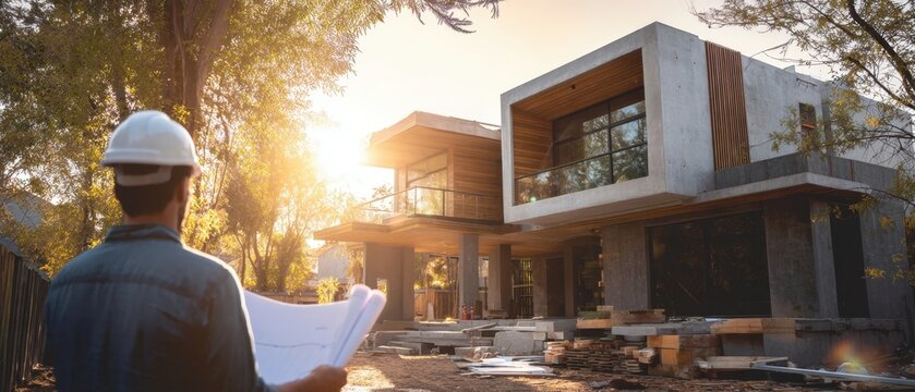 The Modern House Under Construction with Architect Reviewing Blueprints at Sunset