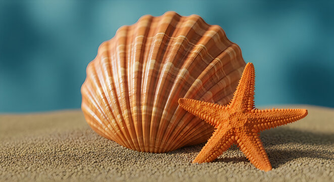 Close-up of a large orange seashell and starfish on sandy beach