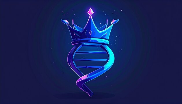 3D glowing DNA helix crown icon symbolizing biotech innovation on dark futuristic background