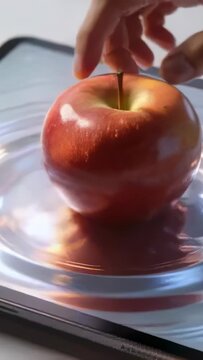 Vertical video: Entering right hand nudging rotating holding red apple on tablet to center apple