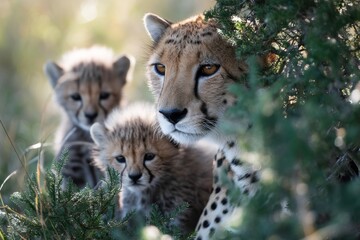 Obraz premium Portrait of a cheetah playing with its cubs