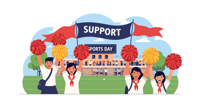 Cheerleaders support sports day event at school with banners and pom-poms in a sunny outdoor setting