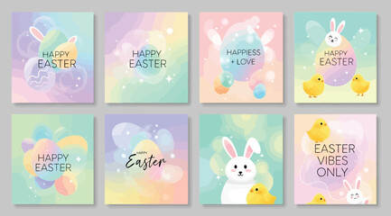 Pastel Easter illustration set featuring eggs, bunnies, chicks, and festive greetings with soft gradients, cheerful decorative designs, playful seasonal elements for holiday cards, posters, and social © S.Siam
