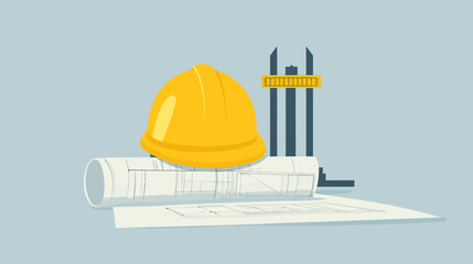 Fototapeta premium A construction scene. A yellow hard hat rests atop a rolled blueprint. A measuring tool is visible