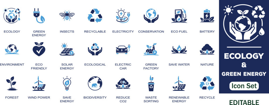 Ecology and Green Energy editable solid icon set. Insects, recyclable, eco-fuel, battery, electricity, environment, nature, renewable energy, forest, solar wind power and more vector icons collection.