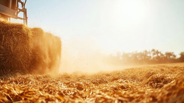 Baling hay machine compacting straw in a sunny rural field