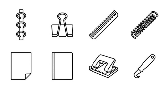Office supplies collection binder clips spiral notebooks paper and hole punch