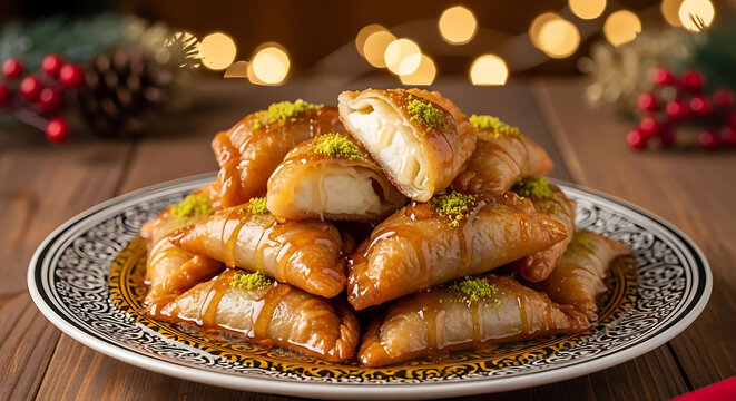 Traditional Qatayef dessert with cream filling and pistachios, Middle Eastern Ramadan sweets on ornate plate, festive Arabic pastry for Eid celebration