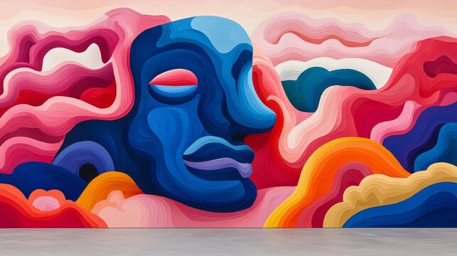 A fun abstract colorful background features a child's blue and pink plastic toy mask for decoration with a yellow face resembling a god