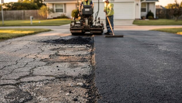 Medium angle capturing asphalt resurfacing on an existing driveway at a family home emphasizing the worn to renewed surface transformation process.