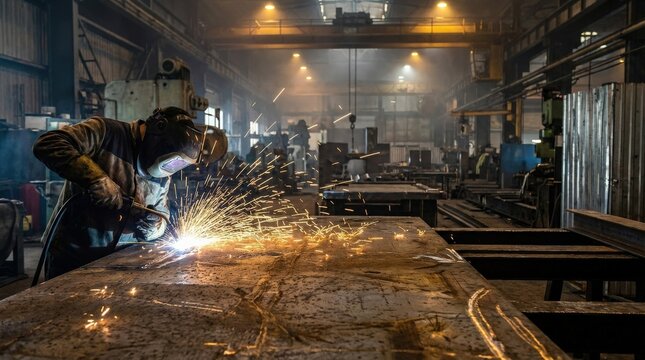 An industrial welding backdrop with sparks, steel textures and blurred factory machinery, smoky depth and metallic surfaces creating a bold manufacturing atmosphere, dramatic workshop lighting,
