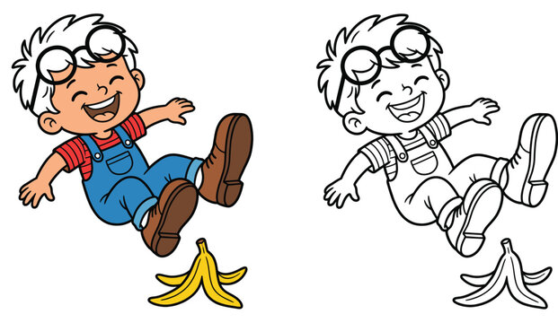 Funny Cartoon Boy Slipping on a Banana Peel and Laughing Vector Illustration and Line Art Coloring Page Set for Children