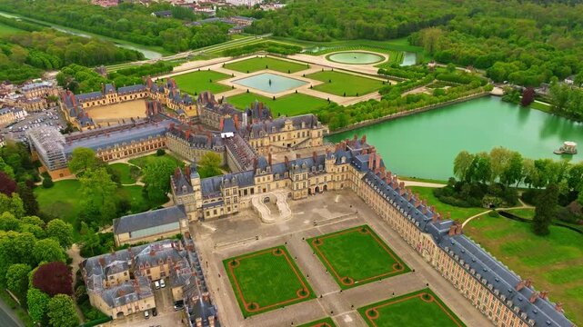 Aerial view of Castle Fontainebleau with symmetrical gardens, Castle Fontainebleau, Paris, France