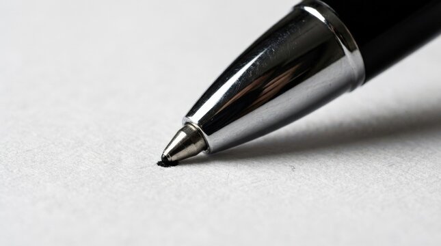A macro shot of a shiny black pen tip touching white paper, smooth ink point, refined reflections and minimalist precision, ultra-realistic, no logos.