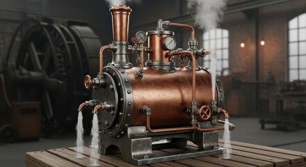 Fototapeta premium Vintage steam engine model sits on a wooden workbench inside an industrial workshop.