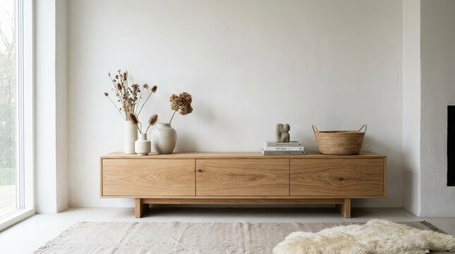 A wooden cabinet with decorative accessories in a living room against an empty white wall, calm minimalist styling with natural light, ultra-realistic, no logos.