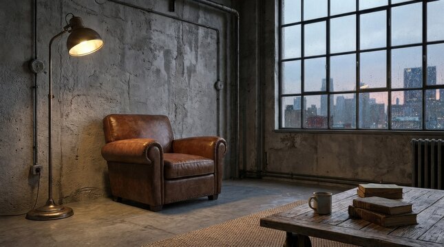 A loft-style interior with a leather armchair against a dark cement wall, moody urban atmosphere with textured industrial character, ultra-realistic, no logos.