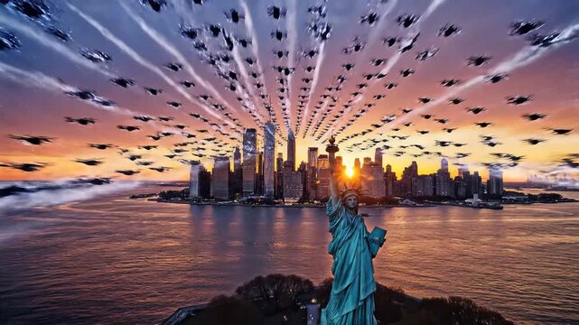 Statue of Liberty watches as a fleet of futuristic drones swarm the Manhattan skyline at sunset, a dramatic cinematic scene