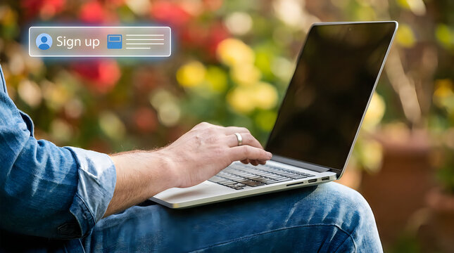 Person using laptop in outdoor setting with blurred background for website login or online registration