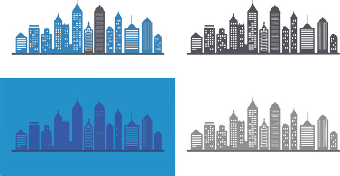 Urban Skyline Variation Pack &ndash; Modern Flat City Illustration Set in 2x2 Layout