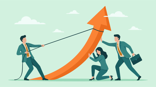 Business team collaborating, pushing and pulling arrow for growth and success