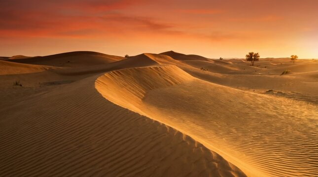 Golden desert dunes rolling beneath a warm orange sky, fine wind-shaped sand texture and glowing sunset light creating a serene vast atmosphere, ultra-realistic, no logos.