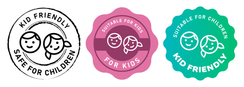 Collection of suitable for kids and safe for children labels featuring cute boy and girl face icons for product safety assurance and kid friendly certification in colorful pink green and black styles