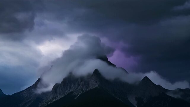 Dramatic mountain peak shrouded in swirling clouds under a heavy stormy sky with deep shadows and moody lighting creating an intense atmospheric scene, elegantly showcasing nature.